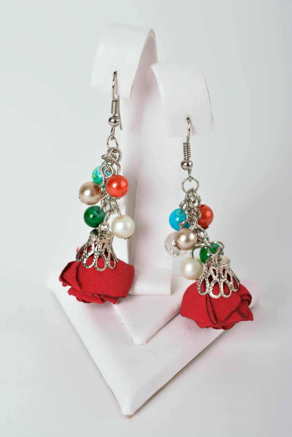 Handmade long earrings stylish flower earrings cute red roses earrings  photo 3