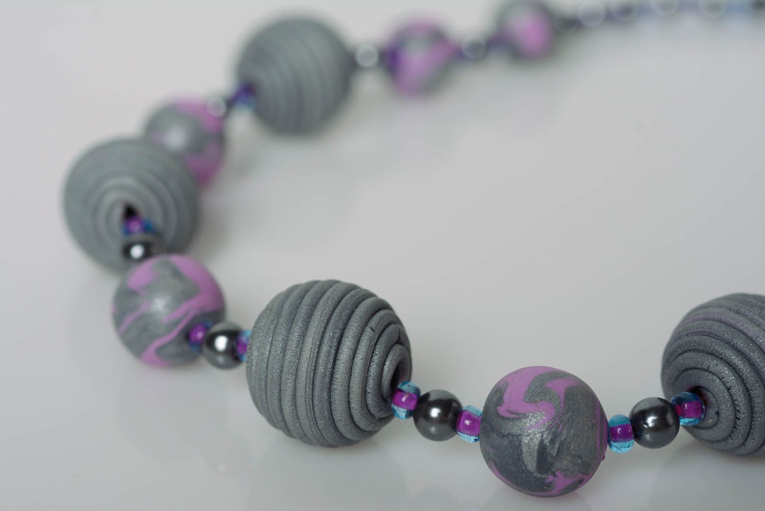 Handmade laconic gray and lilac polymer clay bead necklace with seed beads  photo 3