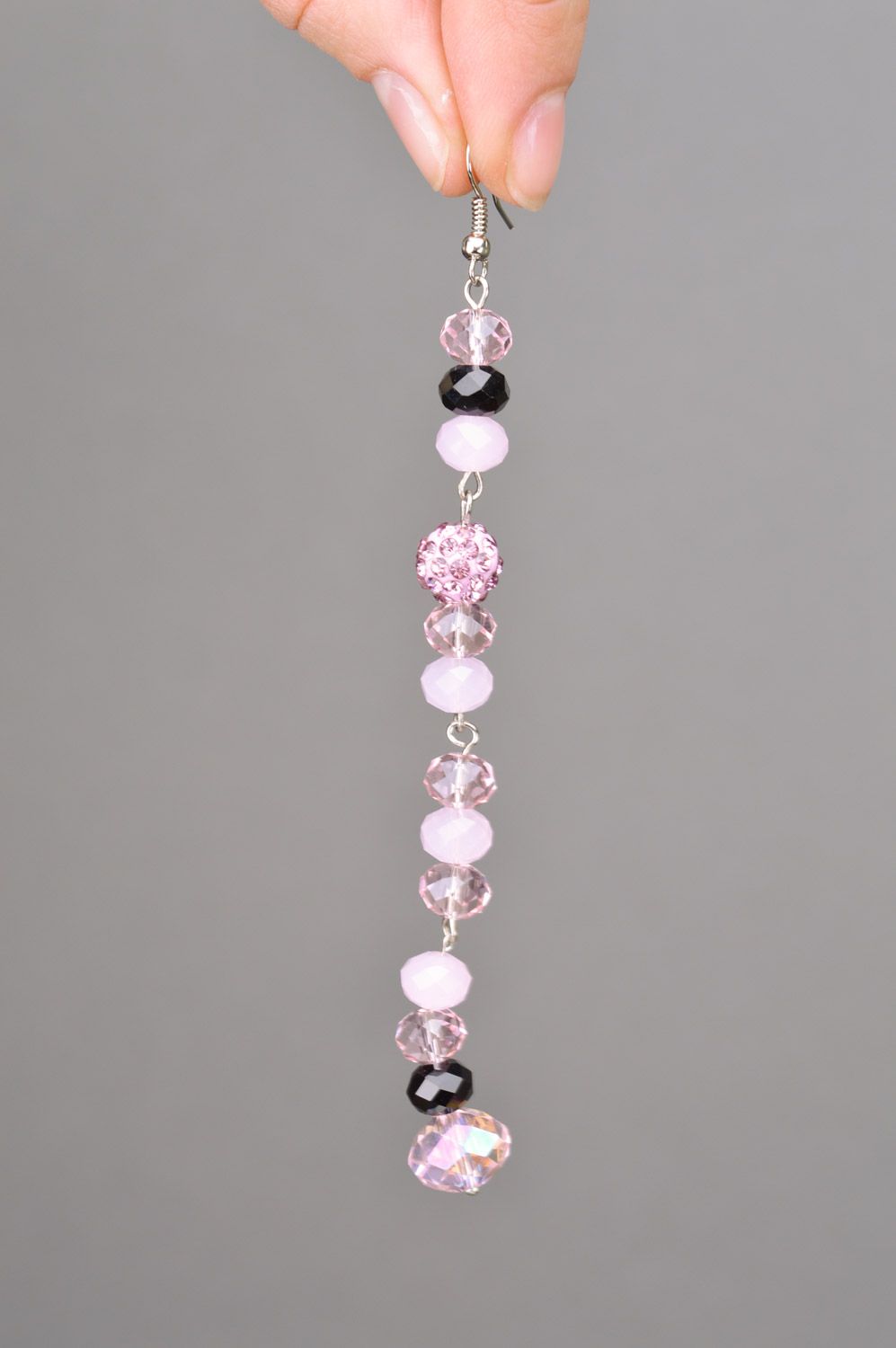 Handmade tender long earrings with pink and violet plastic beads for girl photo 3