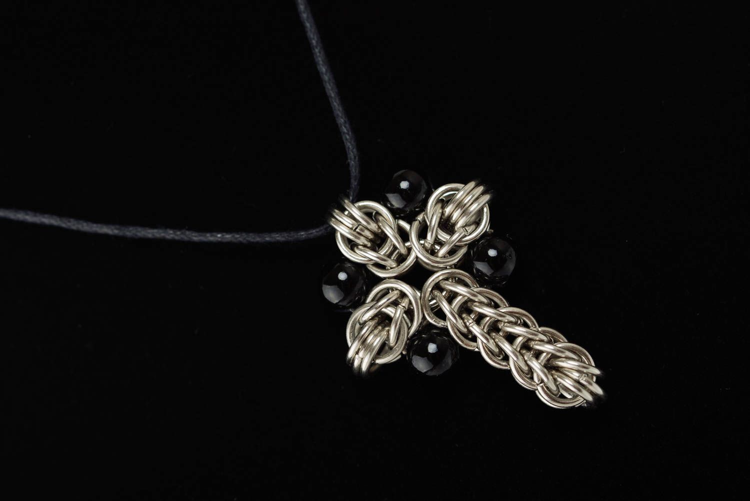 Metal cross on long cord chain mail weaving with black beads handmade pendant photo 4