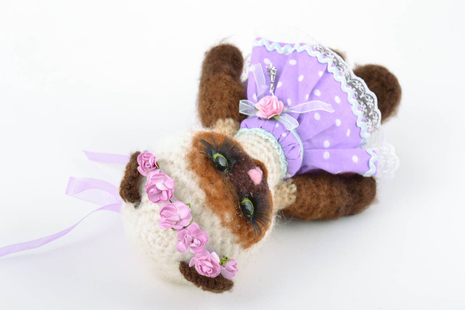 Nice small handmade crochet soft toy kitty in dress photo 5