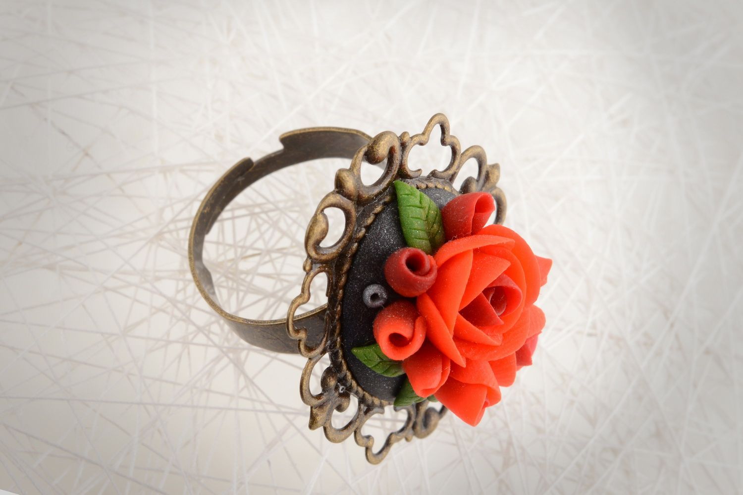 Handmade jewelry ring with fancy metal basis and red polymer clay flower photo 1