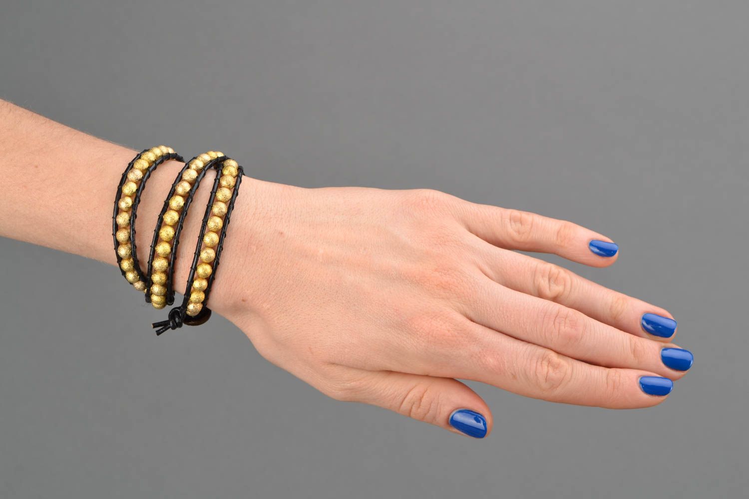 Bracelet en cuir et perles fantaisie multirang jaune et noir fait main photo 2