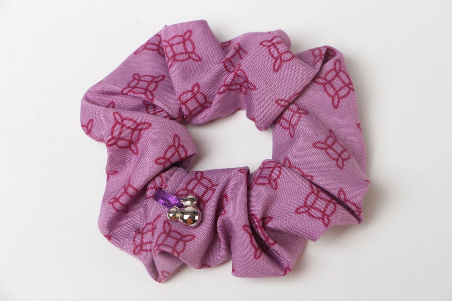 Handmade designer hair tie sewn of blended fabric of violet color with print photo 2