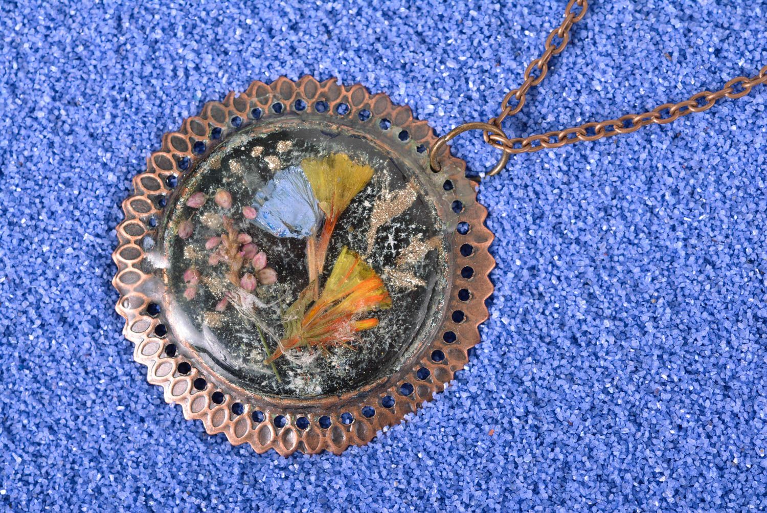 Round handmade flower pendant metal necklace botanical jewelry fashion tips photo 1