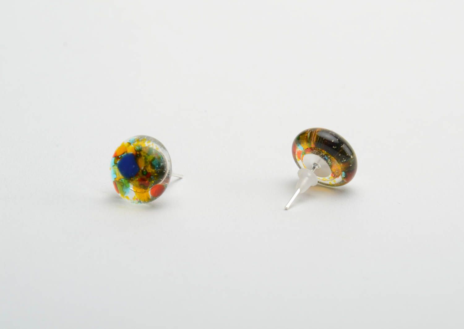 Handmade transparent rainbow stud earrings made using fusing glass technique photo 3