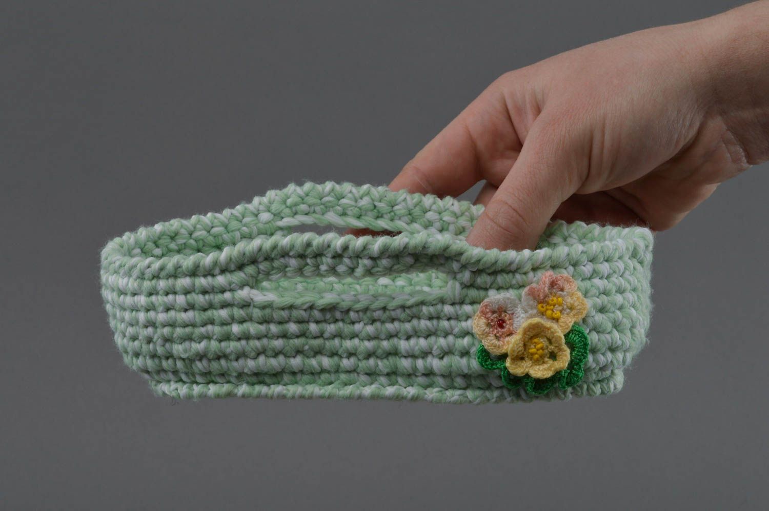 Unusual beautiful green handmade textile basket crochet of acrylic threads photo 4