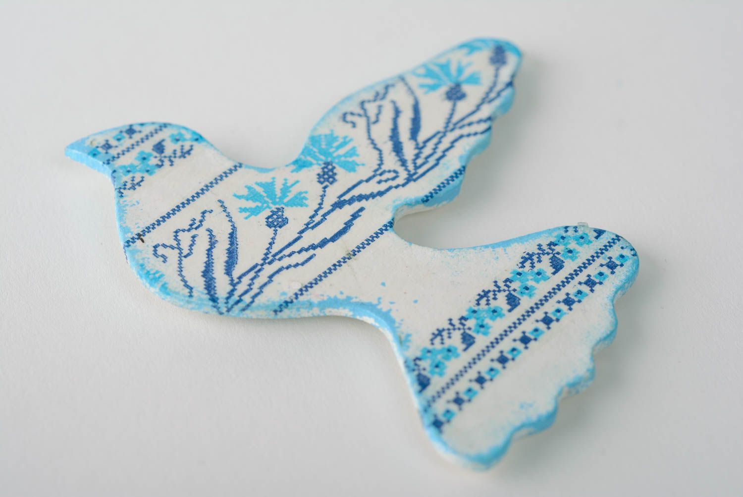 Magnet pour frigo Oiseau Pigeon blanc à motif bleu décor en bois fait main photo 1