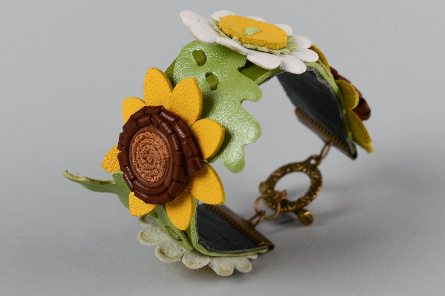 Stylish female present bracelet made of leather unusual flower accessory photo 3