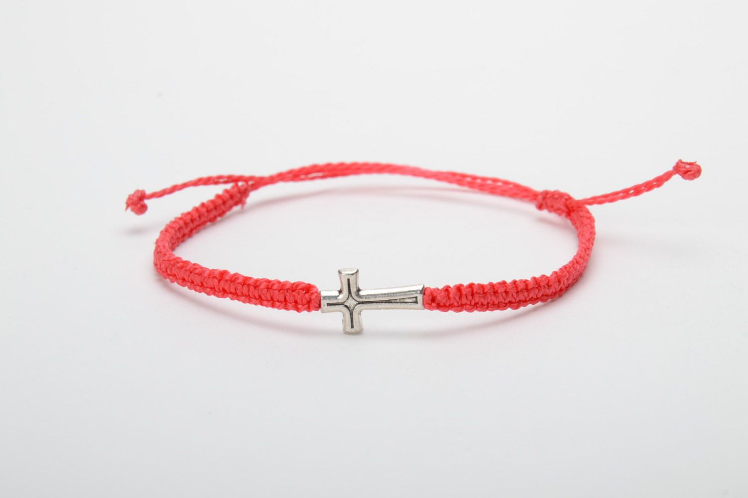 Handmade red friendship wrist bracelet woven of threads with metal cross photo 5