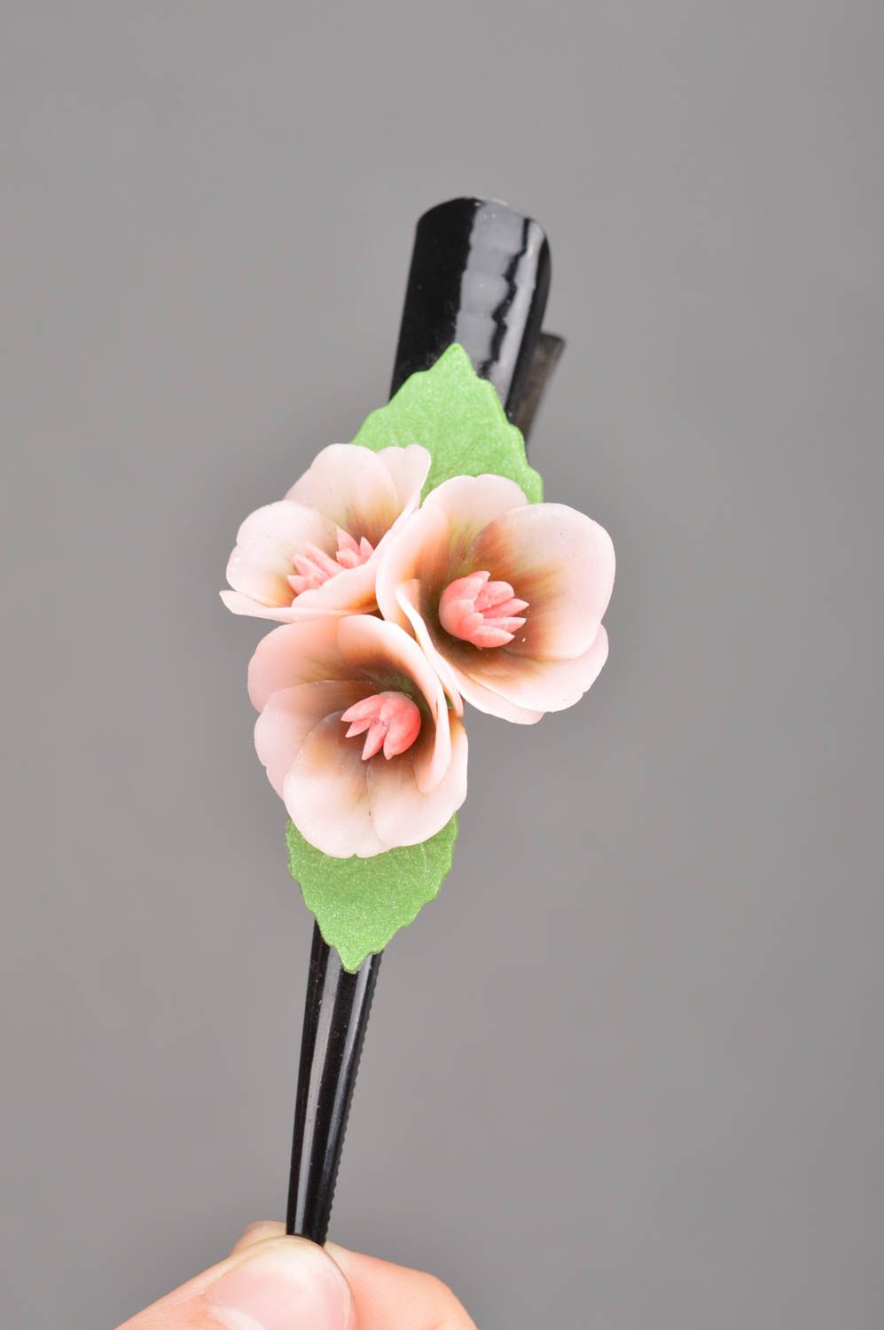 Unusual handmade designer polymer clay flower barrette Cherry Blossoms photo 2