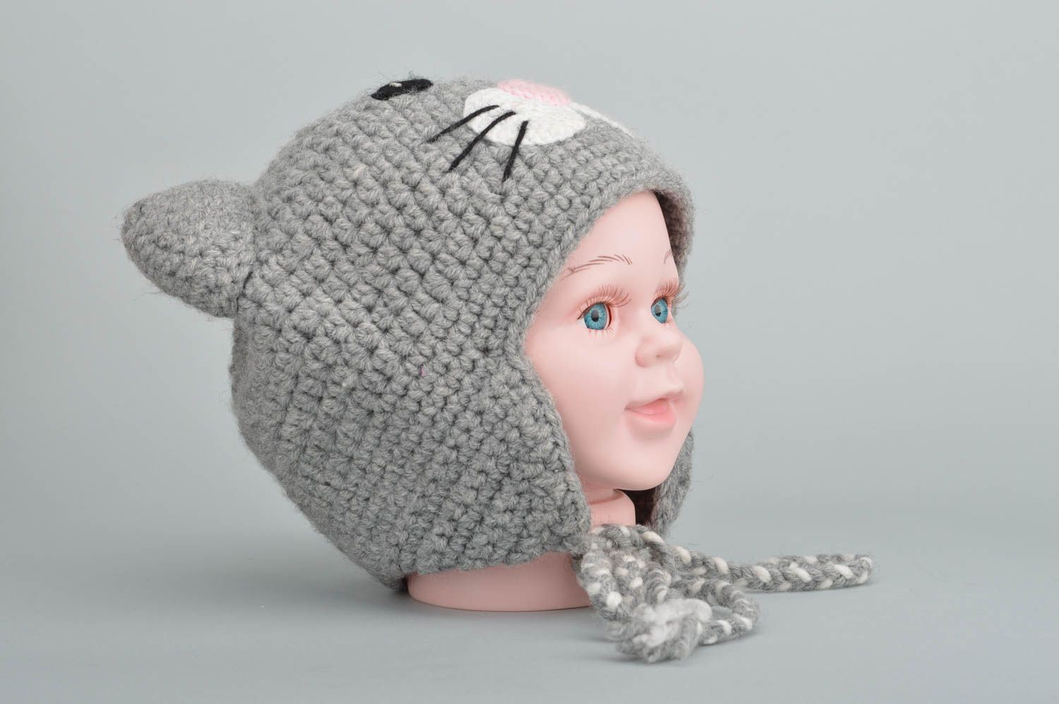 Beautiful handmade warm stylish unusual crocheted baby hat for kids Grey Cat  photo 5