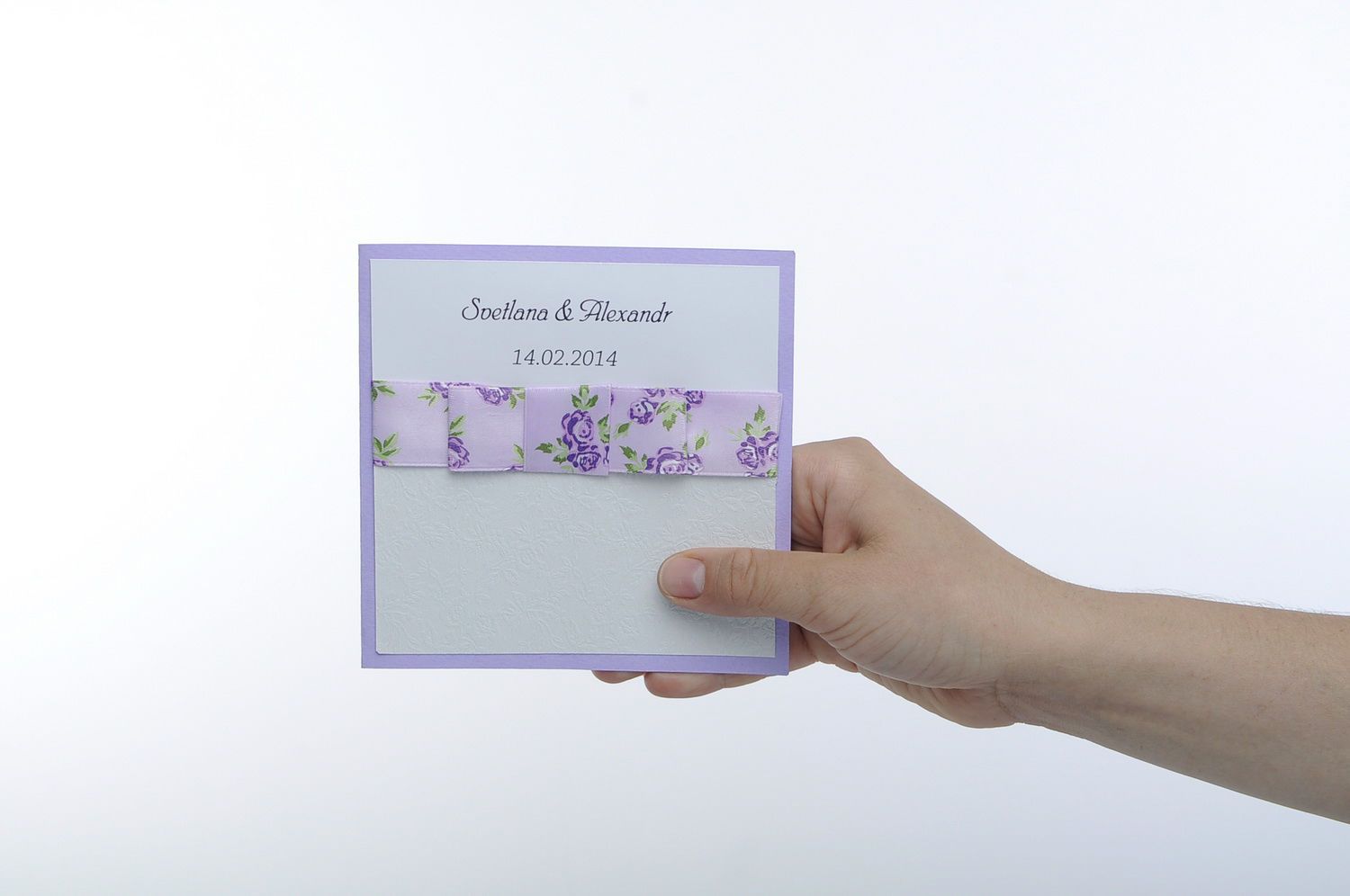 Wedding invitation of white and lilac color photo 5