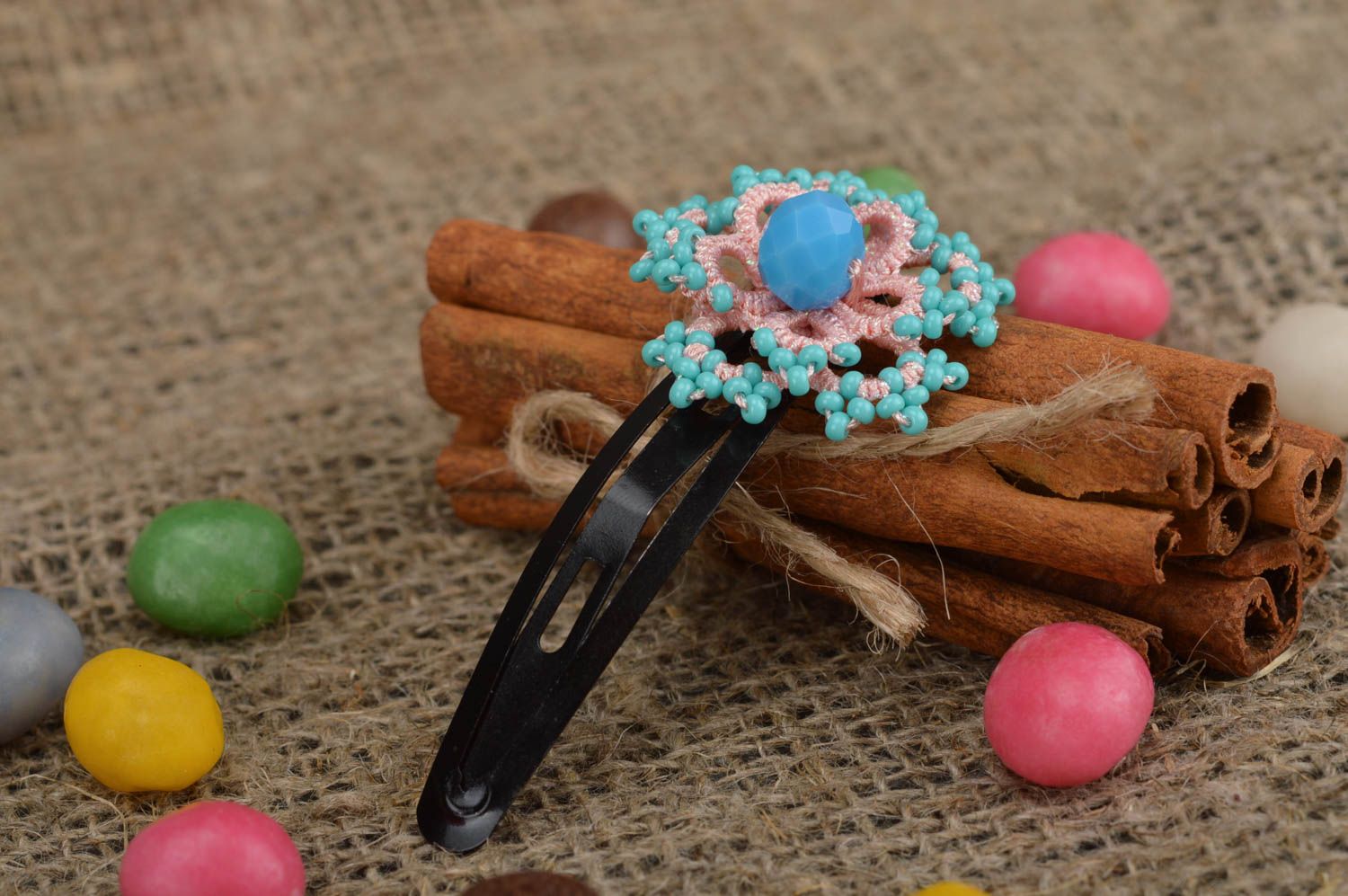Handmade festive hair clip made of satin threads using tatting technique photo 1