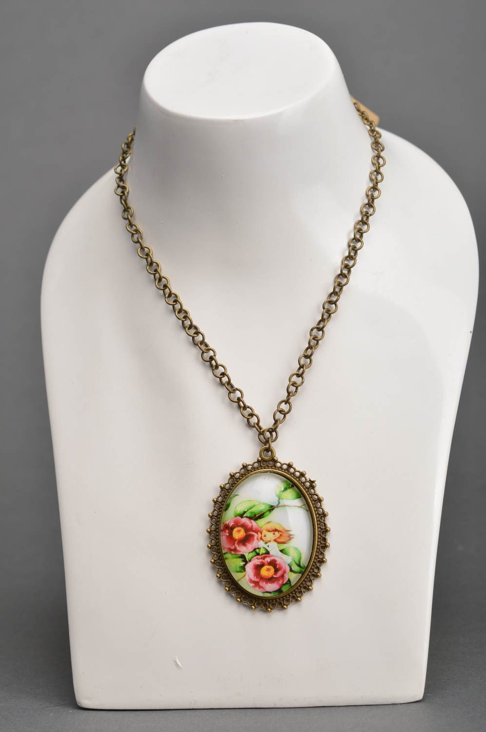 Beautiful oval handmade designer vintage pendant on long metal chain for girls photo 1