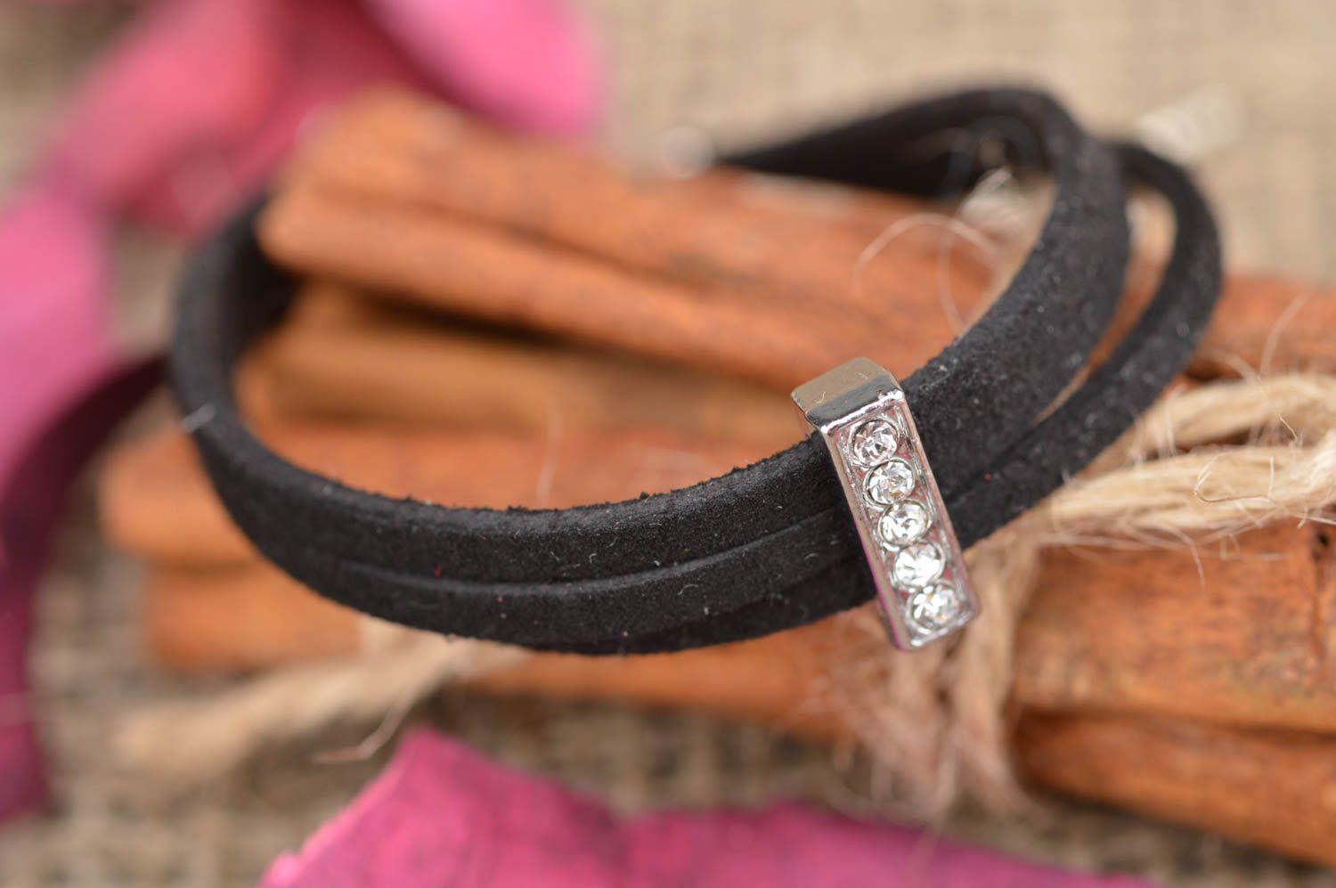 Beautiful unusual handmade designer thin black suede cord bracelet with charm  photo 1