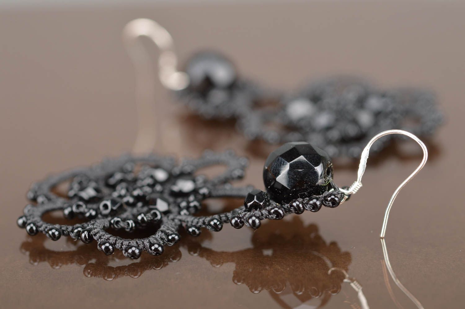 Handmade elegant beautiful evening black earrings made using tatting technique photo 5