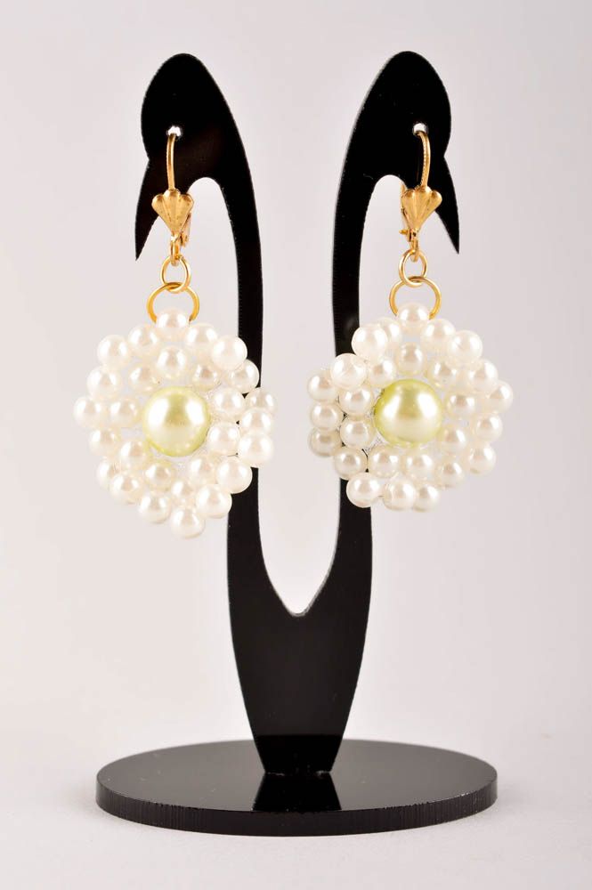 Handmade beaded white earrings designer stylish jewelry present for woman photo 2