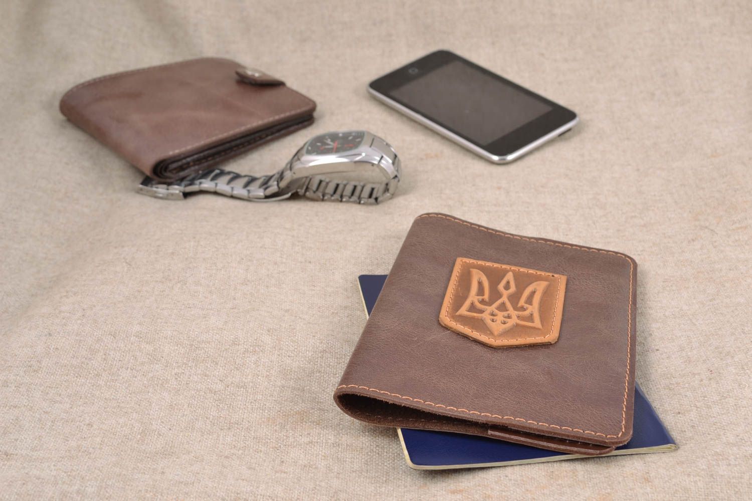 Handmade leather passport cover with coat of arms photo 1