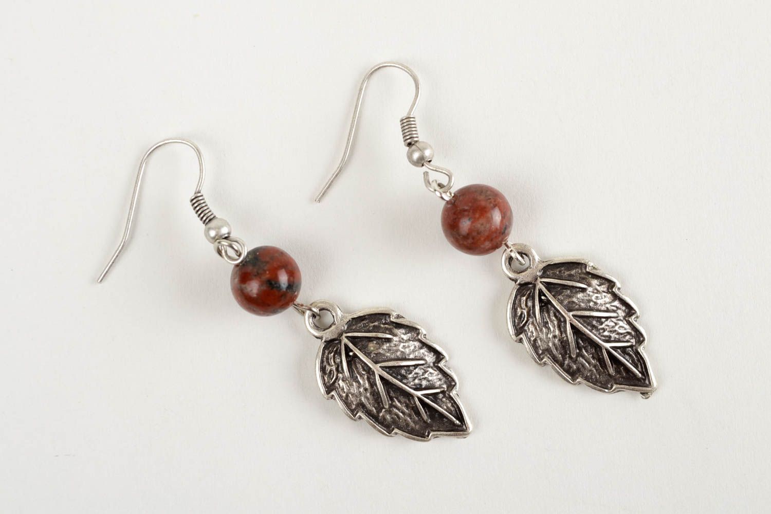 Designer hand crafted accessory long metal earrings leaves beads fashion  photo 3