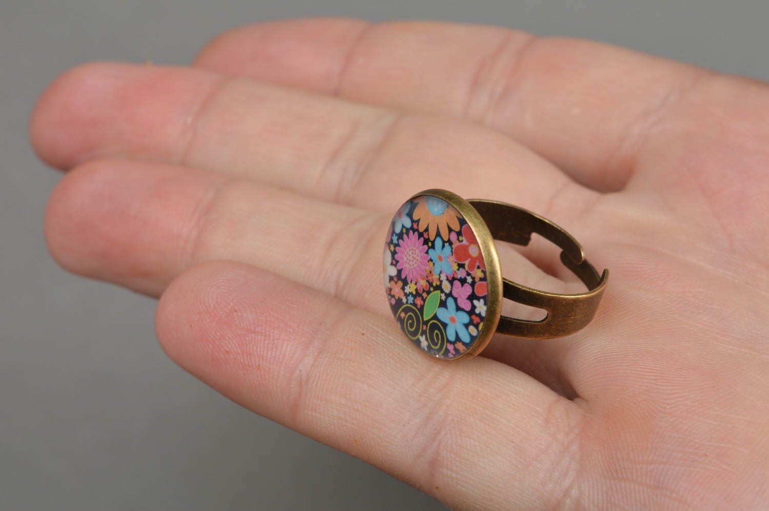 Bright decoupage handmade designer ring of adjustable size with print  photo 4