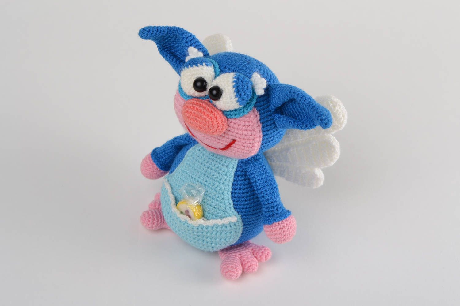 Handmade small soft toy crocheted of acrylic threads blue elf for children photo 4