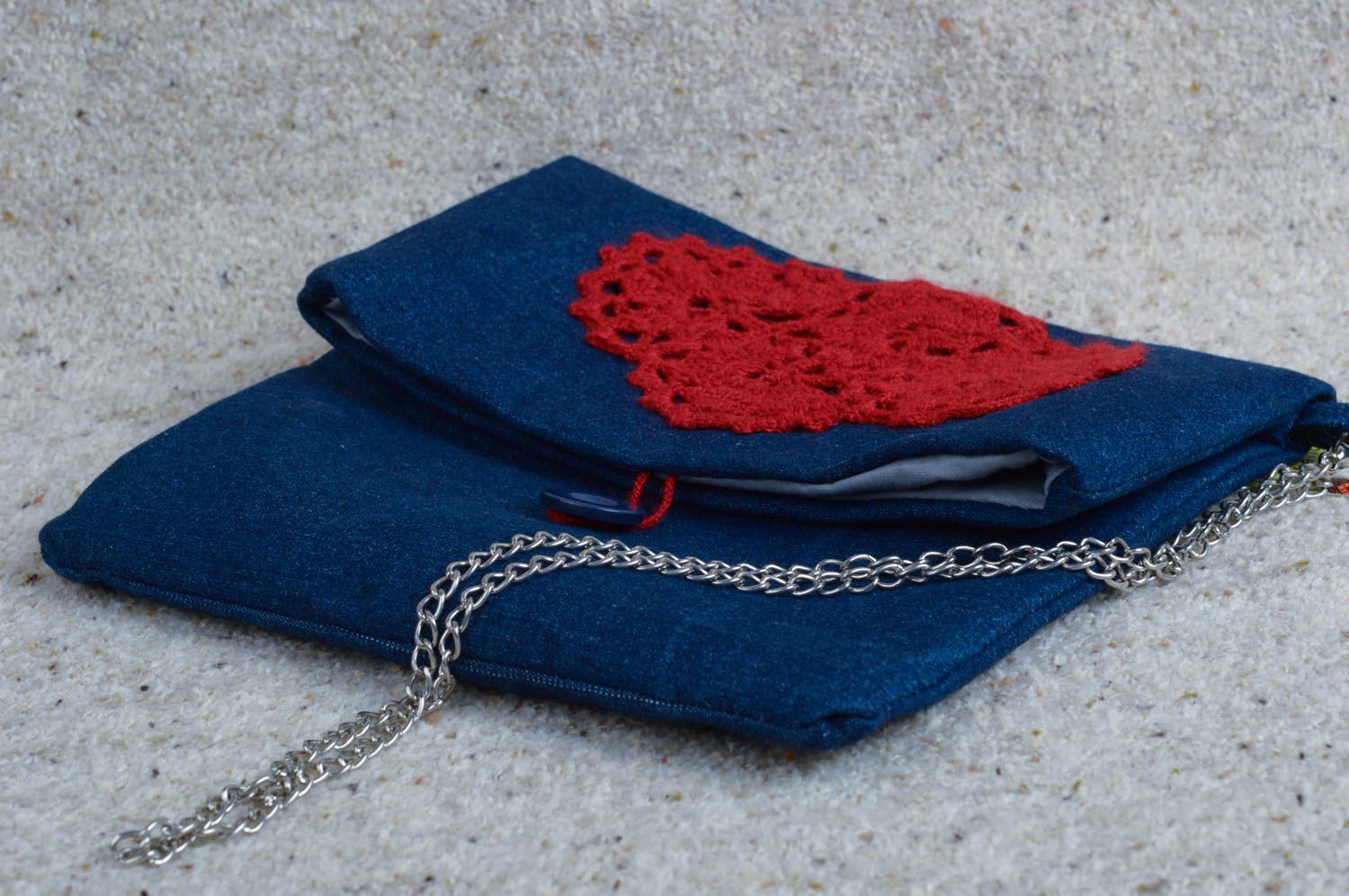 Handmade Stoff Umhängetasche Damen Accessoire Designer Tasche dunkelblau rot foto 3