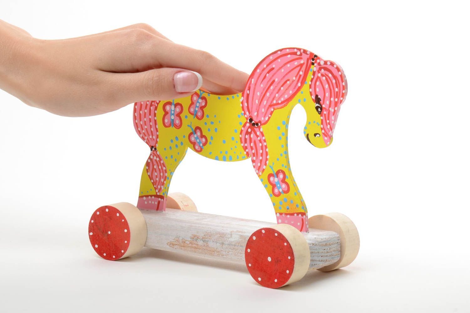 Kleines buntes Holz Spielzeug Pferd mit Rädern Handarbeit bemalt foto 4