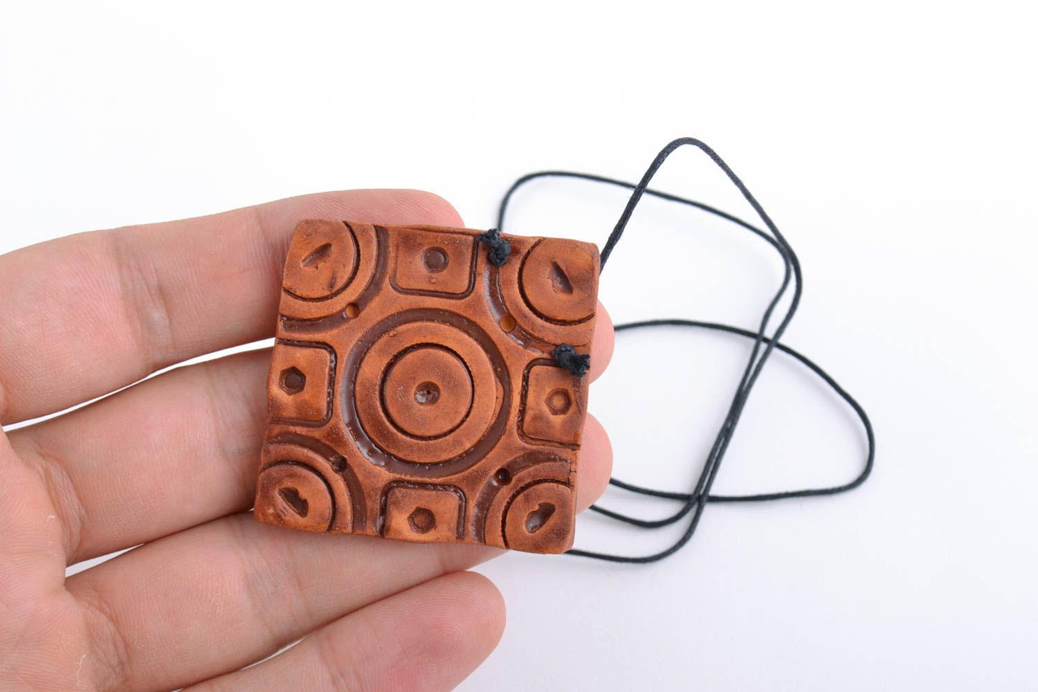 Handmade stylish designer ceramic square pendant with patterns on long cord photo 2
