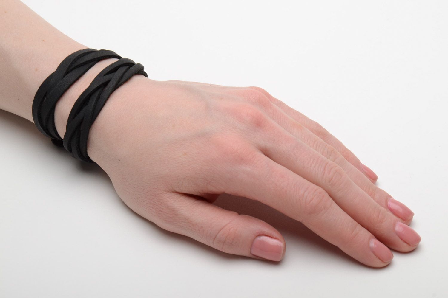 Fashionable handmade black double wrap leather bracelet with weaving unisex photo 2