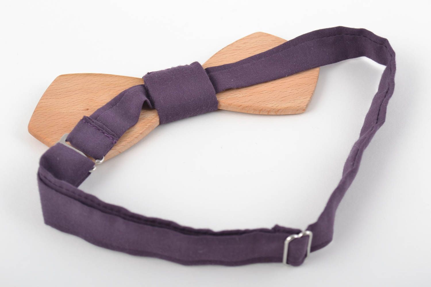 Handmade wooden designer bow tie with violet fabric strap photo 3