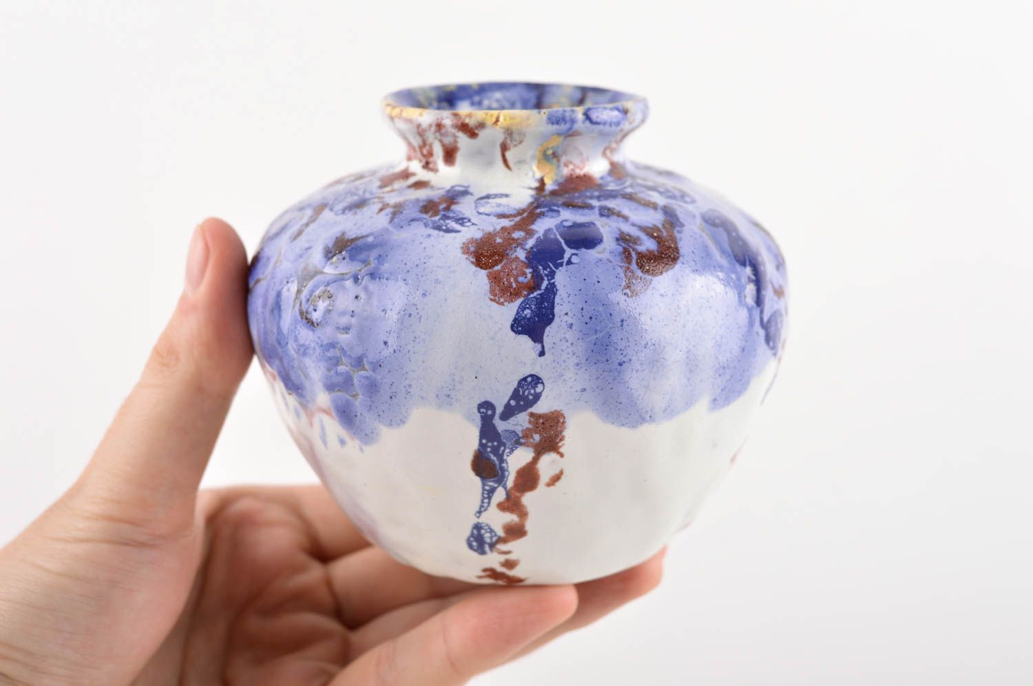 Small ceramic blue flat handmade flower vase 4, 0,75 lb photo 5
