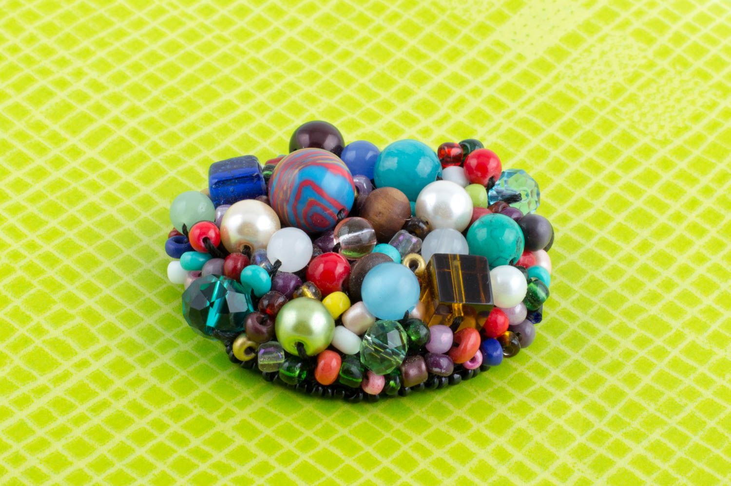 Handmade brooch with leather basis and colorful wooden stone crystal beads photo 1