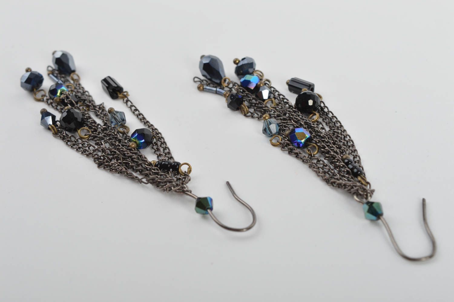 Handmade long festive earrings with glass black beads on metal chain photo 5