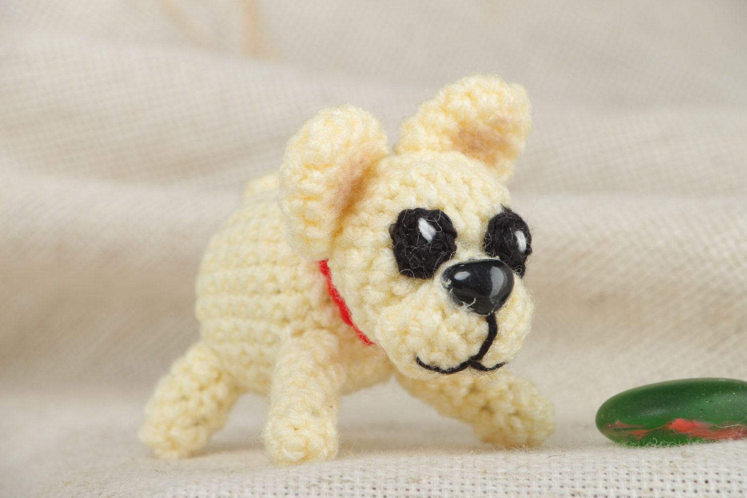 Light small handmade crochet soft toy bulldog made of acrylic threads photo 1