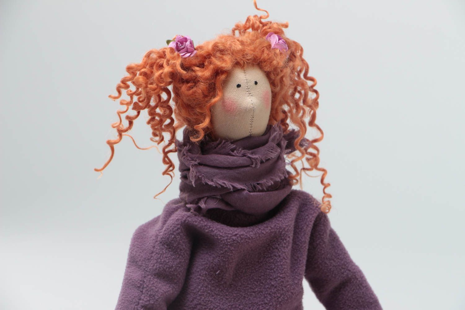 Handmade designer fabric soft doll with ginger hair in violet clothing photo 3