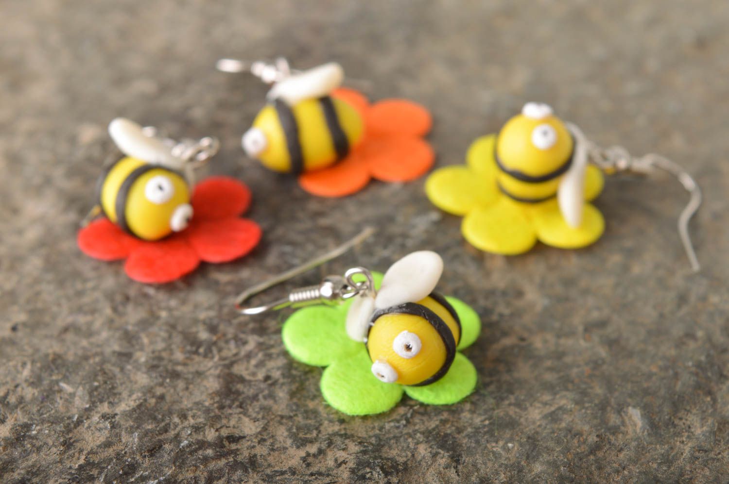 Handmade funny small dangle earrings with cold porcelain yellow bees photo 3