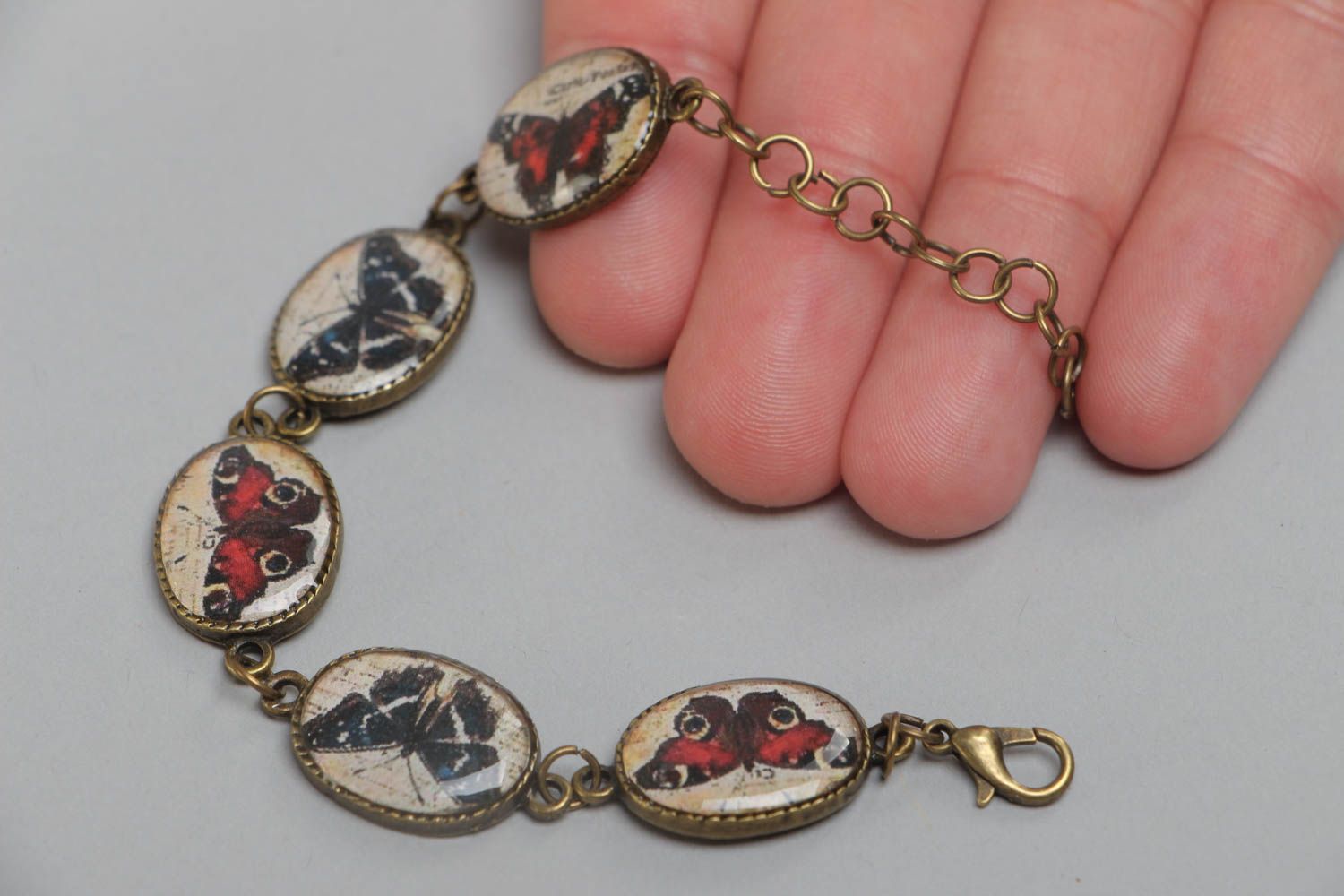 Handmade vintage designer wrist bracelet with glaze elements Butterflies photo 5