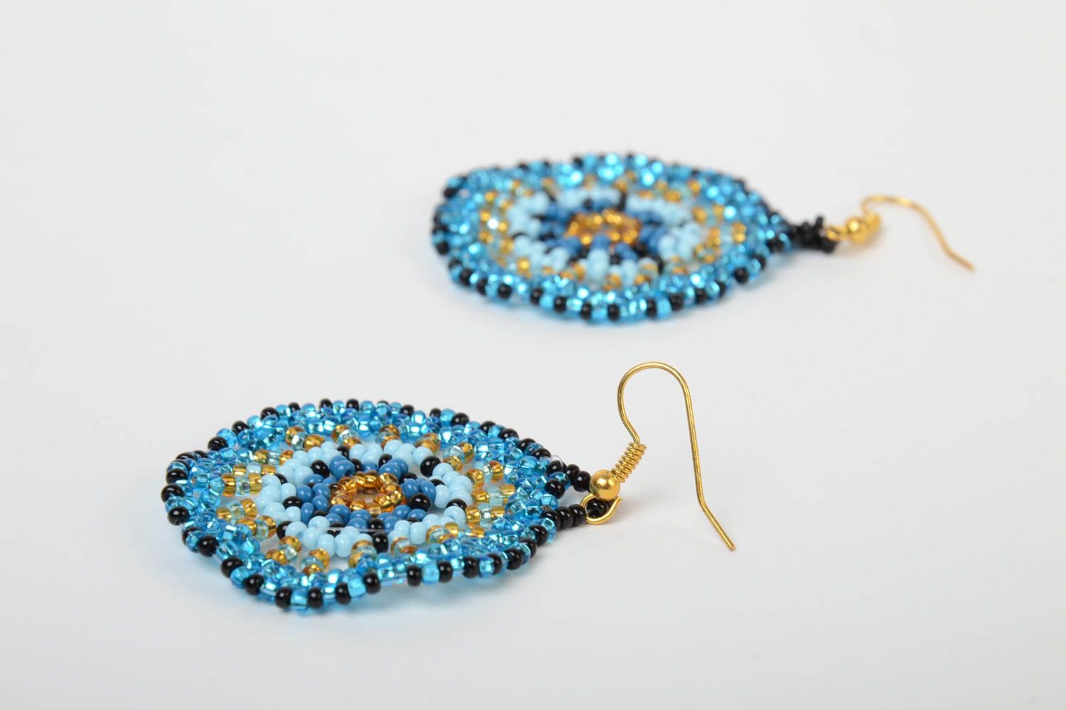 Beautiful handmade designer round blue beaded earrings with hook type ear wires photo 3