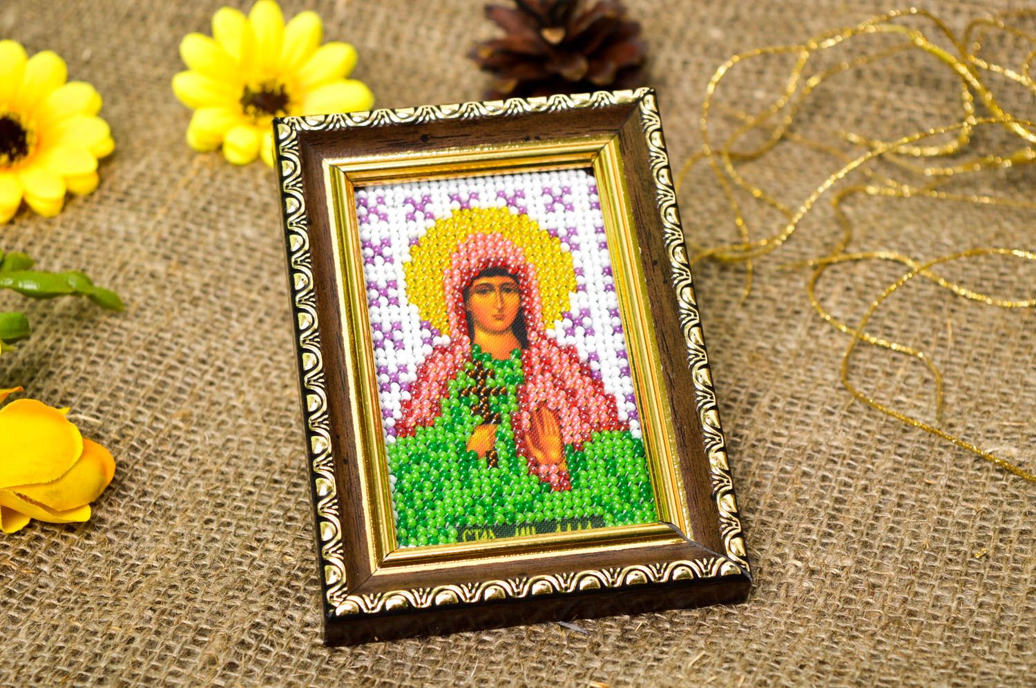 Handmade religious icon beadwork icon for decorative use home decor unique gifts photo 1
