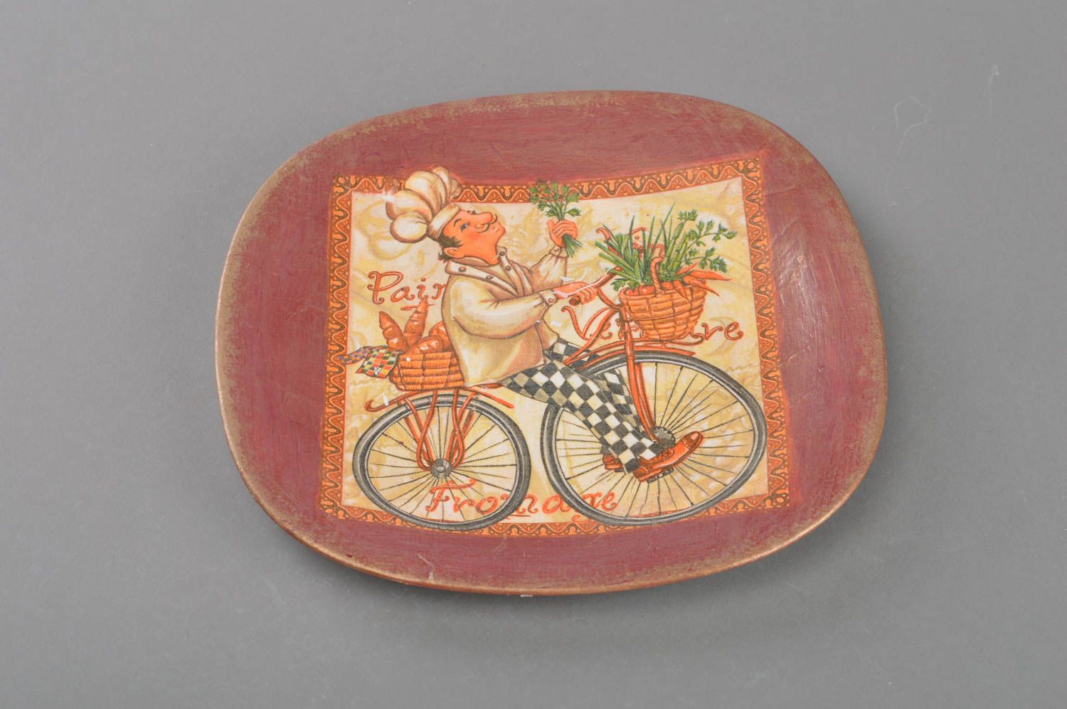 Handmade decorative designer decoupage glass plate Chef on Bicycle for interior photo 1