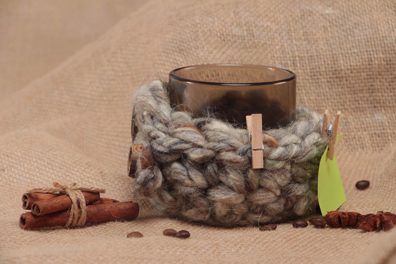 Beautiful handmade designer crochet cup cozy with wooden clothespins for notes photo 1