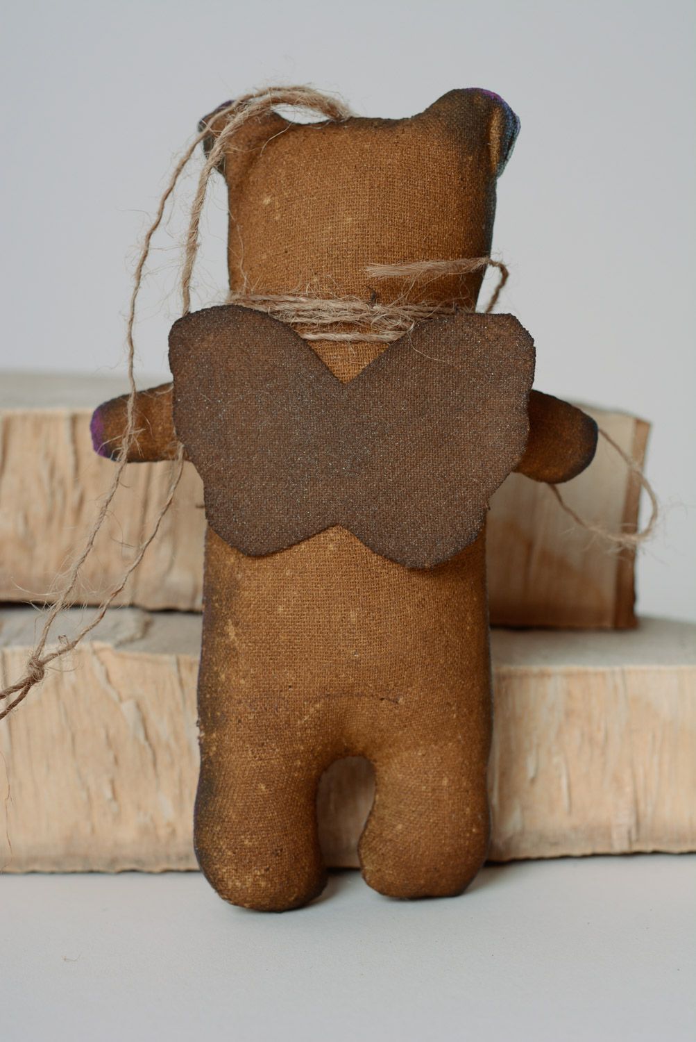 Handmade interior hanging soft toy sewn of cotton soaked with coffee bear photo 4
