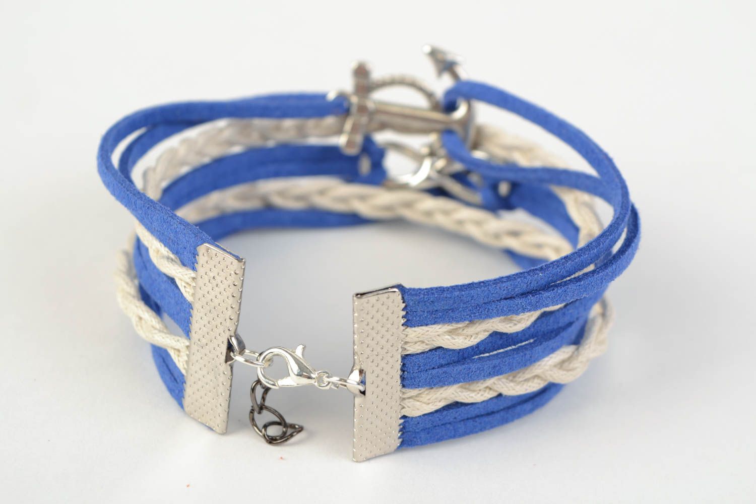 Blue and white stylish handmade wide woven suede bracelet with charms photo 4