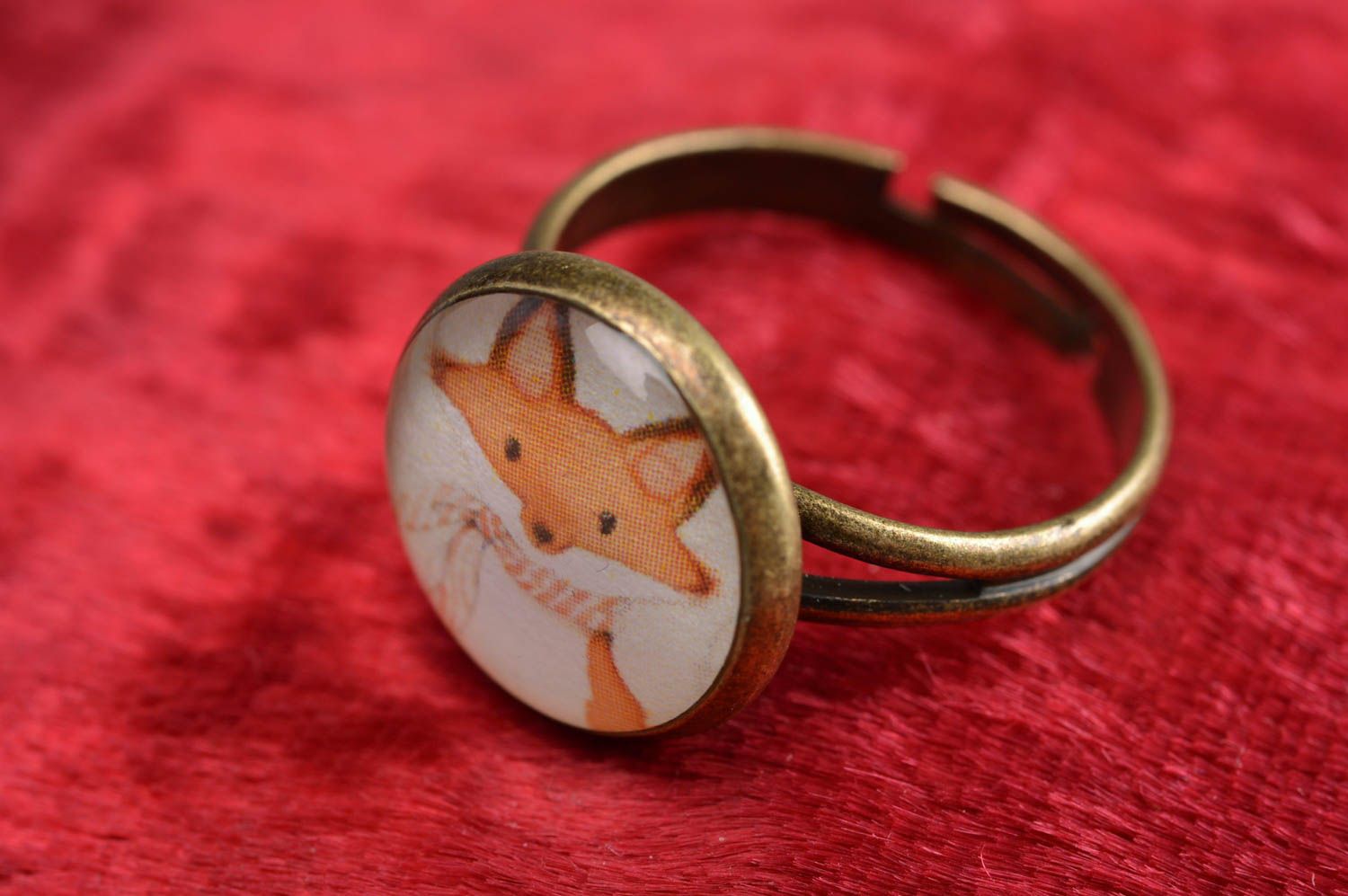 Handmade cute decoupage round jewelry ring on metal basis of adjustable size Fox photo 1