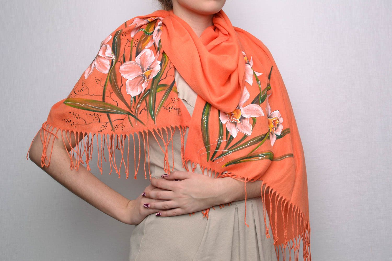 Warm coral cashmere scarf with painting photo 1