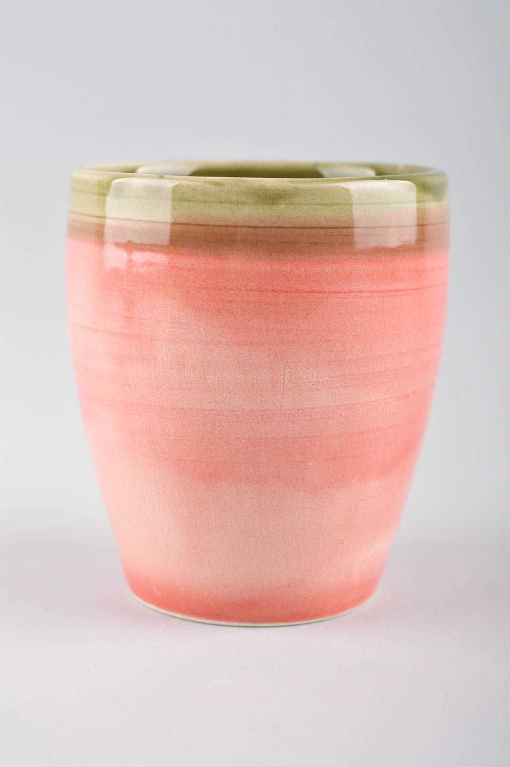 8 oz porcelain handmade art ceramic cup in pink color and light green glaze photo 2