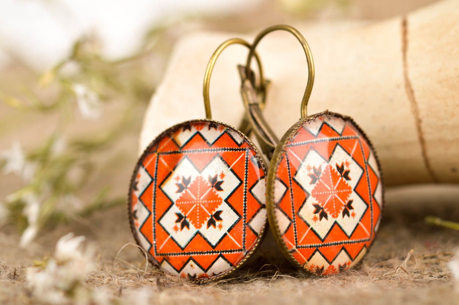 Handmade orange earrings jewelry in ethnic style cute beautiful accessory photo 1