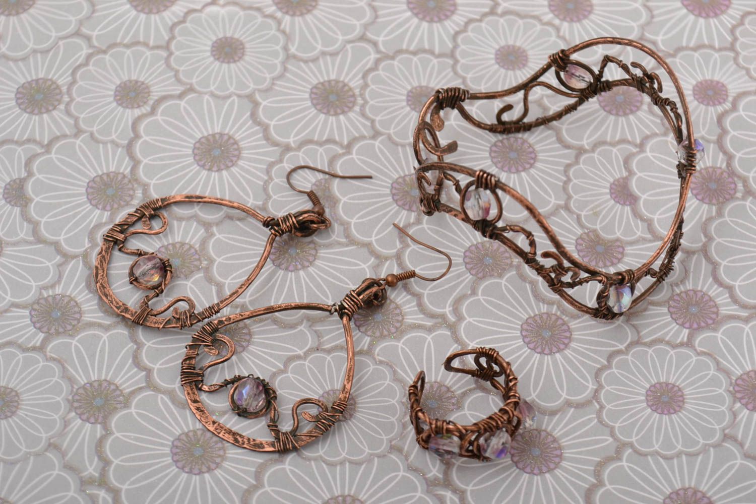 Bracelet cuivre Bague fait main wire wrapping Boucles d'oreilles femme fantaisie photo 1