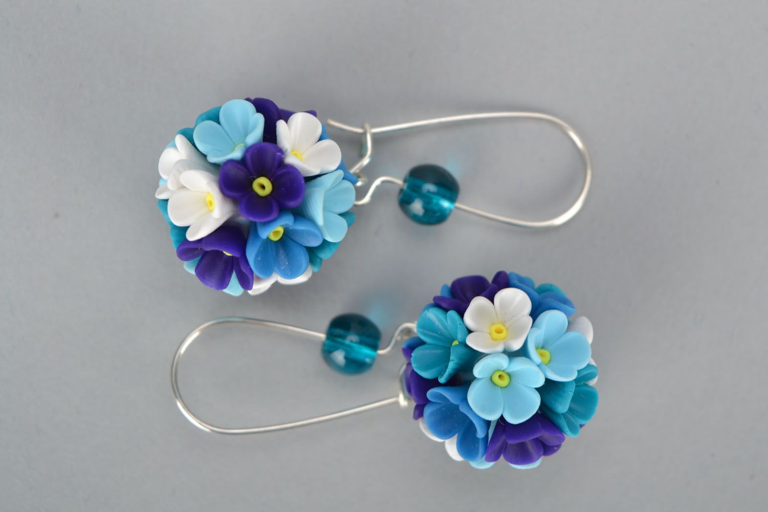 Bright polymer clay earrings Blue Bouquet photo 2